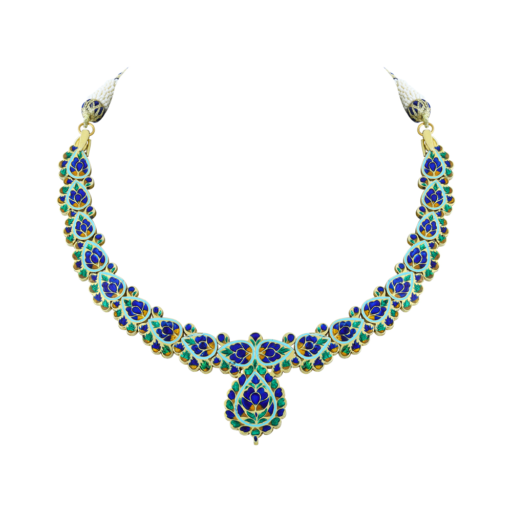 Polki Necklace with Blue Enamel Border